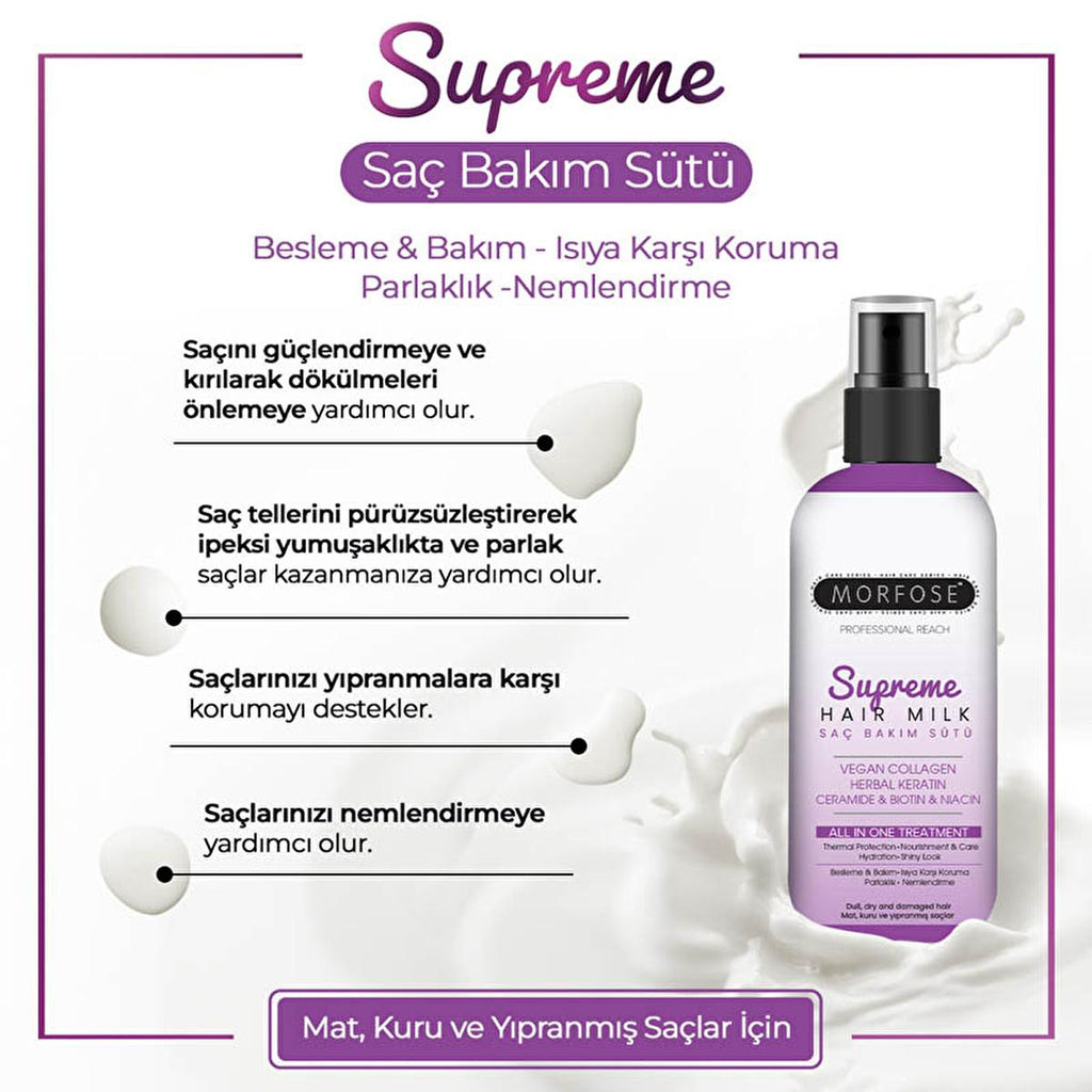 Morfose Supreme Hair Care Milk - Vegan Collagen & Herbal Keratin Hair Treatment, Lightweight Hydration & Heat Protection - 10.14 fl oz