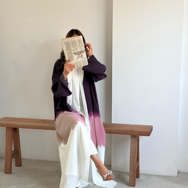 Mariam's Collection Tie-Dye Cape Cardigan Dress Abaya | Gradient Open Front Kimono Cover(MOA221) — product on model