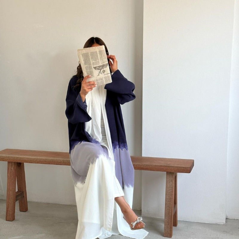 Mariam's Collection Tie-Dye Cape Cardigan Dress Abaya | Gradient Open Front Kimono Cover(MOA221) — Mariam's Collection branding close-up