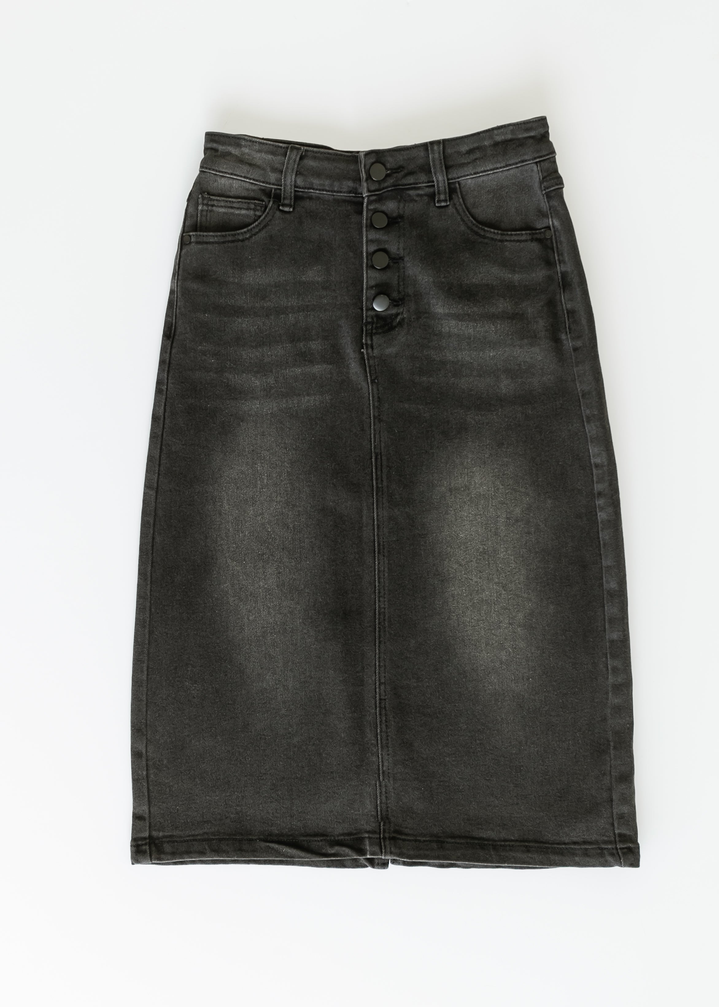 Inherit Co. Tiffany Black Denim Midi Skirt — size reference