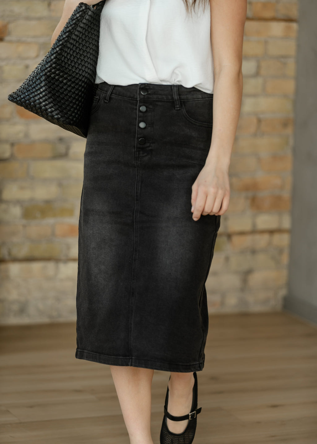 Inherit Co. Tiffany Black Denim Midi Skirt — main product shot