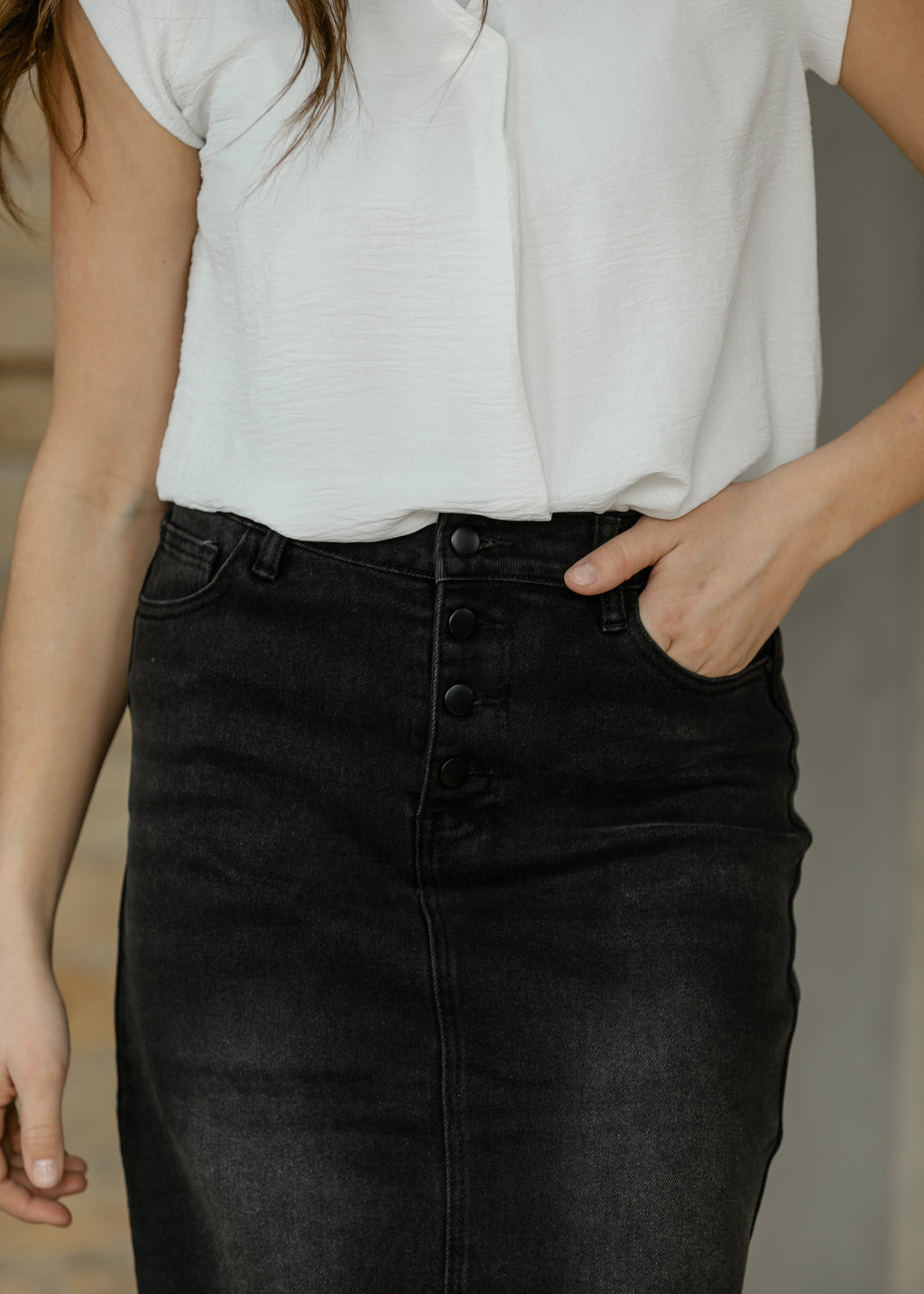 Inherit Co. Tiffany Black Denim Midi Skirt — side view