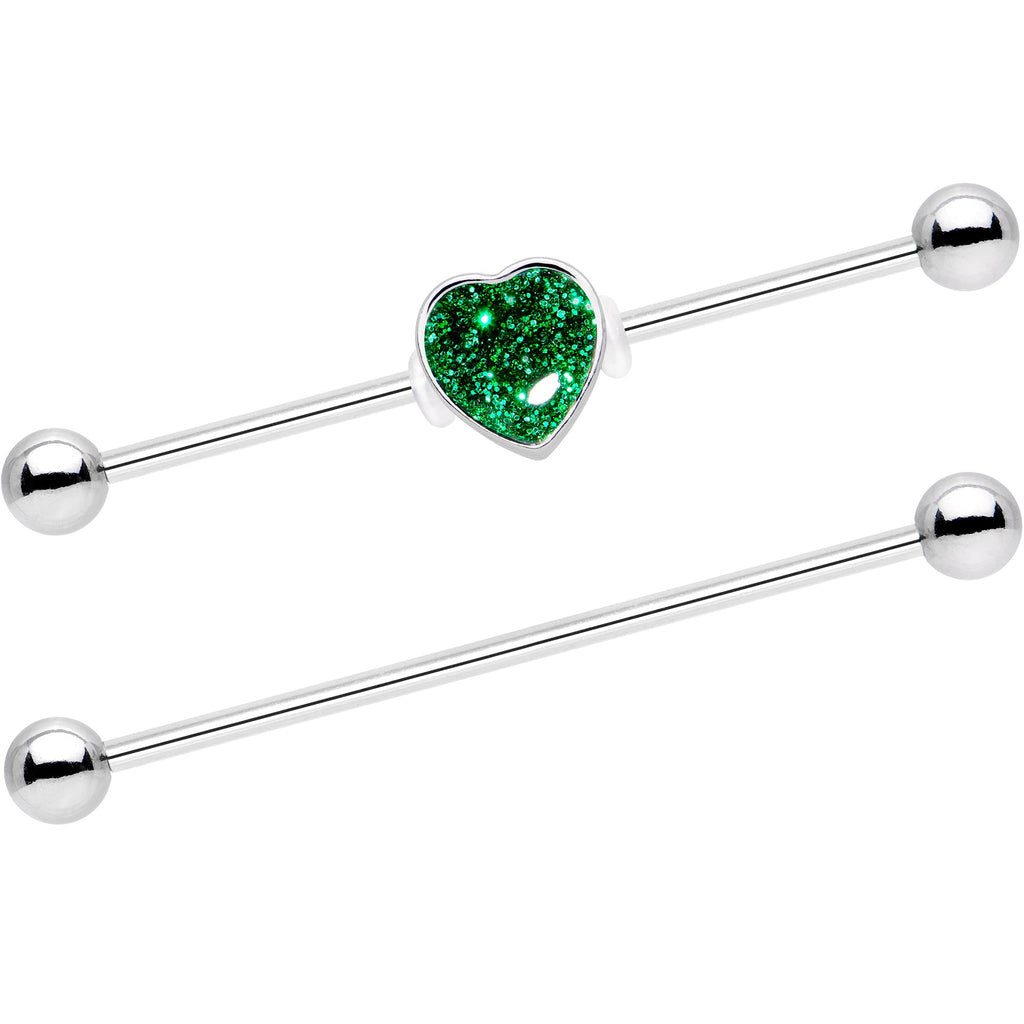 BodyCandy 14G Green Glitter Heart Industrial Barbell 38mm Set of 2 — main product shot