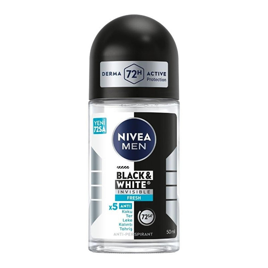Nivea Men Black & White Invisible Fresh Deodorant Roll-On - Long Lasting Anti-Perspirant Protection for Men, 72 Hours Sweat & Odor Control, Anti-Stain, Dermatologically Tested