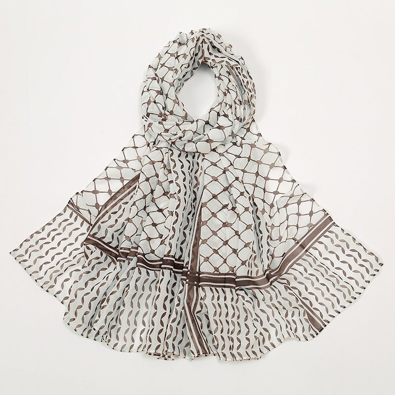 Mariam's Collection Trendy Women's Chiffon Keffiyeh Scarf with Print – Perfect for Summer, Travel & Islamic Modest Fashion(MH110) — Mariam's Collection branding close-up