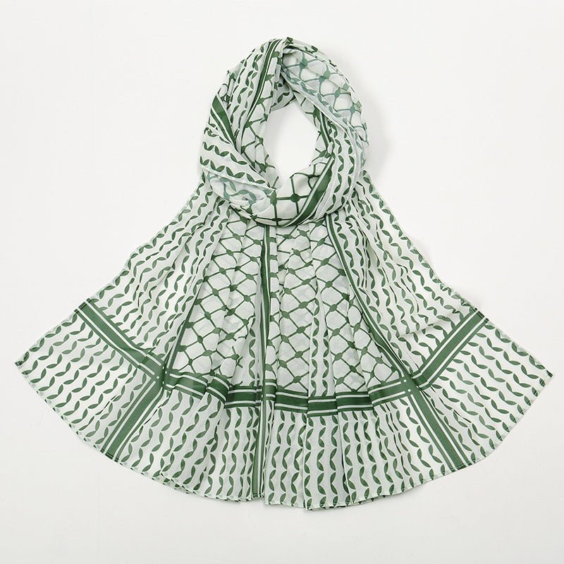 Mariam's Collection Trendy Women's Chiffon Keffiyeh Scarf with Print – Perfect for Summer, Travel & Islamic Modest Fashion(MH110) — lifestyle worn / used context