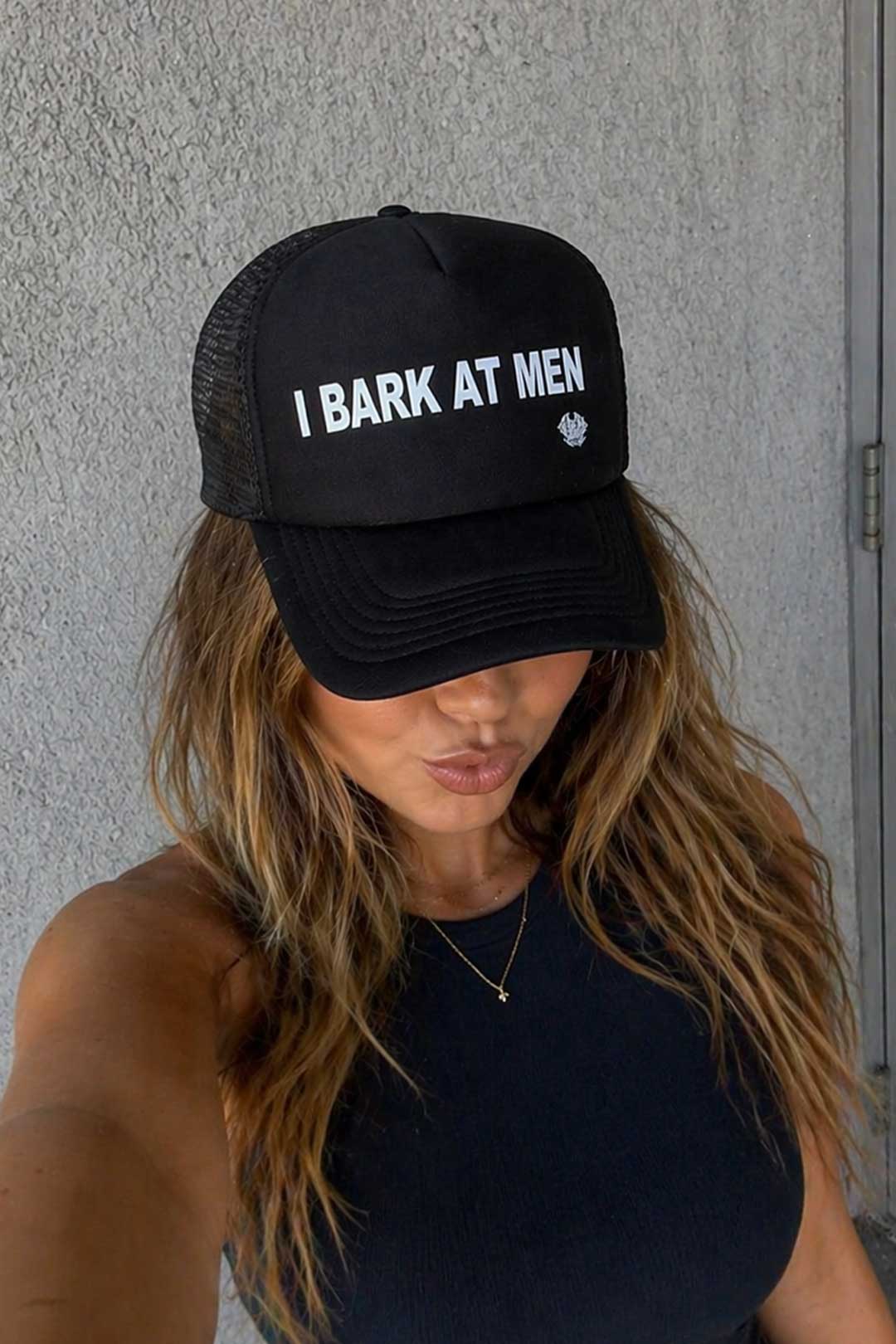 Thrash Happy I Bark At Men Trucker Hat — detail close-up