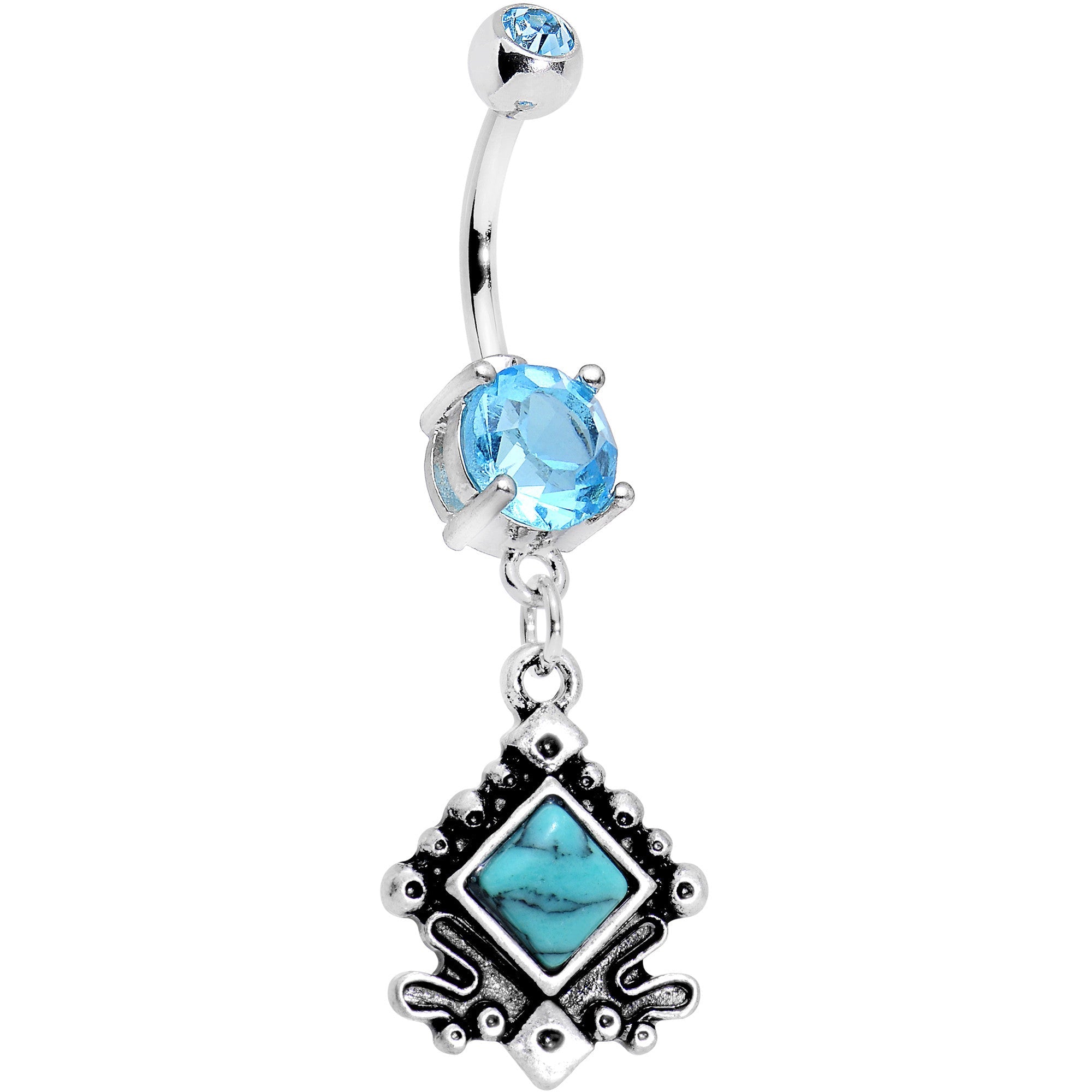 BodyCandy Clear Gem Faux Turquoise Elegantly Etched Dangle Belly Ring — main product shot