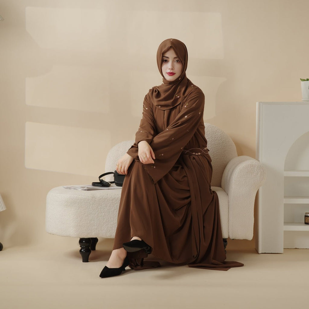 Mariam's Collection Tulip Embroidery Open Abaya 4-Piece Set (MOA051) — product on model