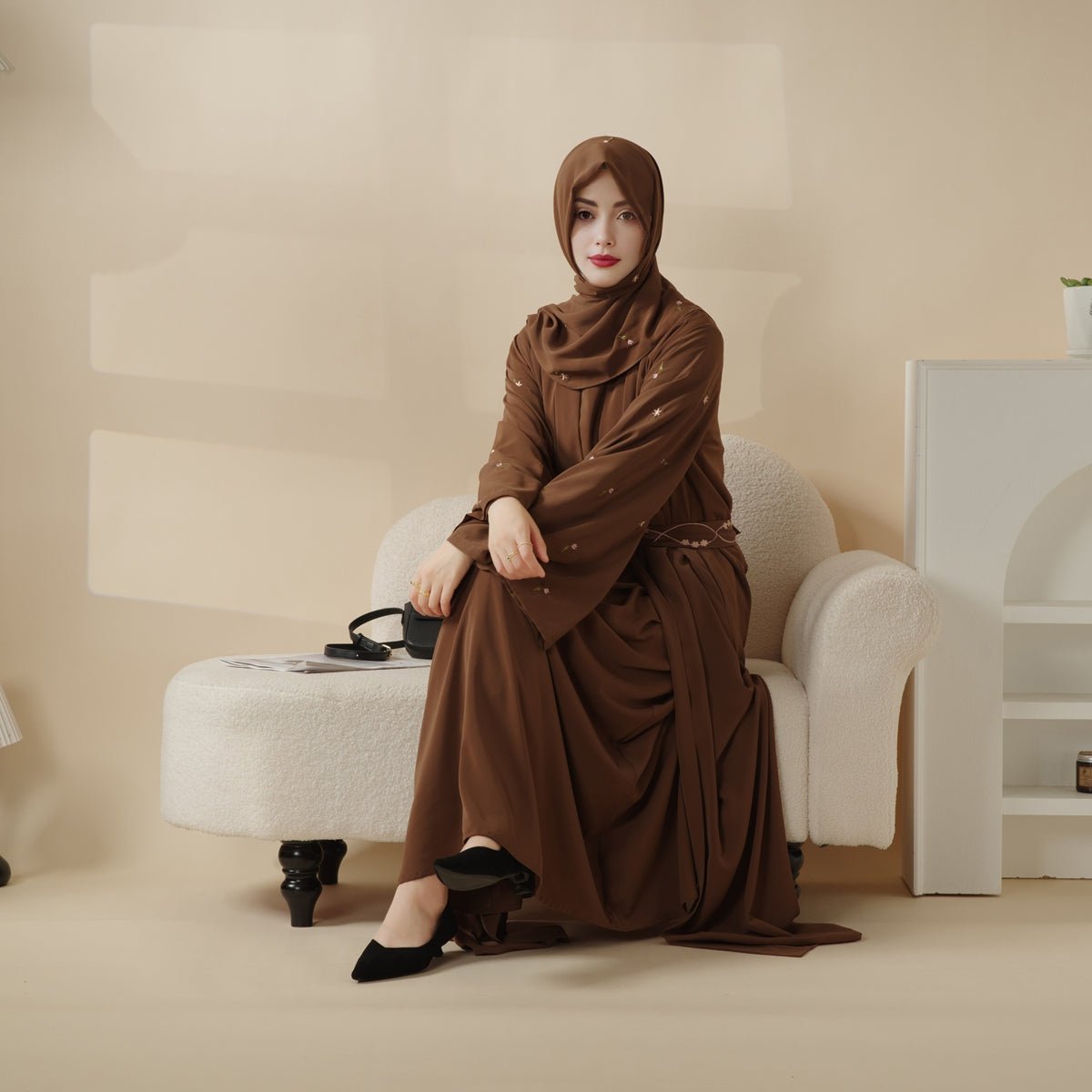 Mariam's Collection Tulip Embroidery Open Abaya 4-Piece Set (MOA051) — product on model