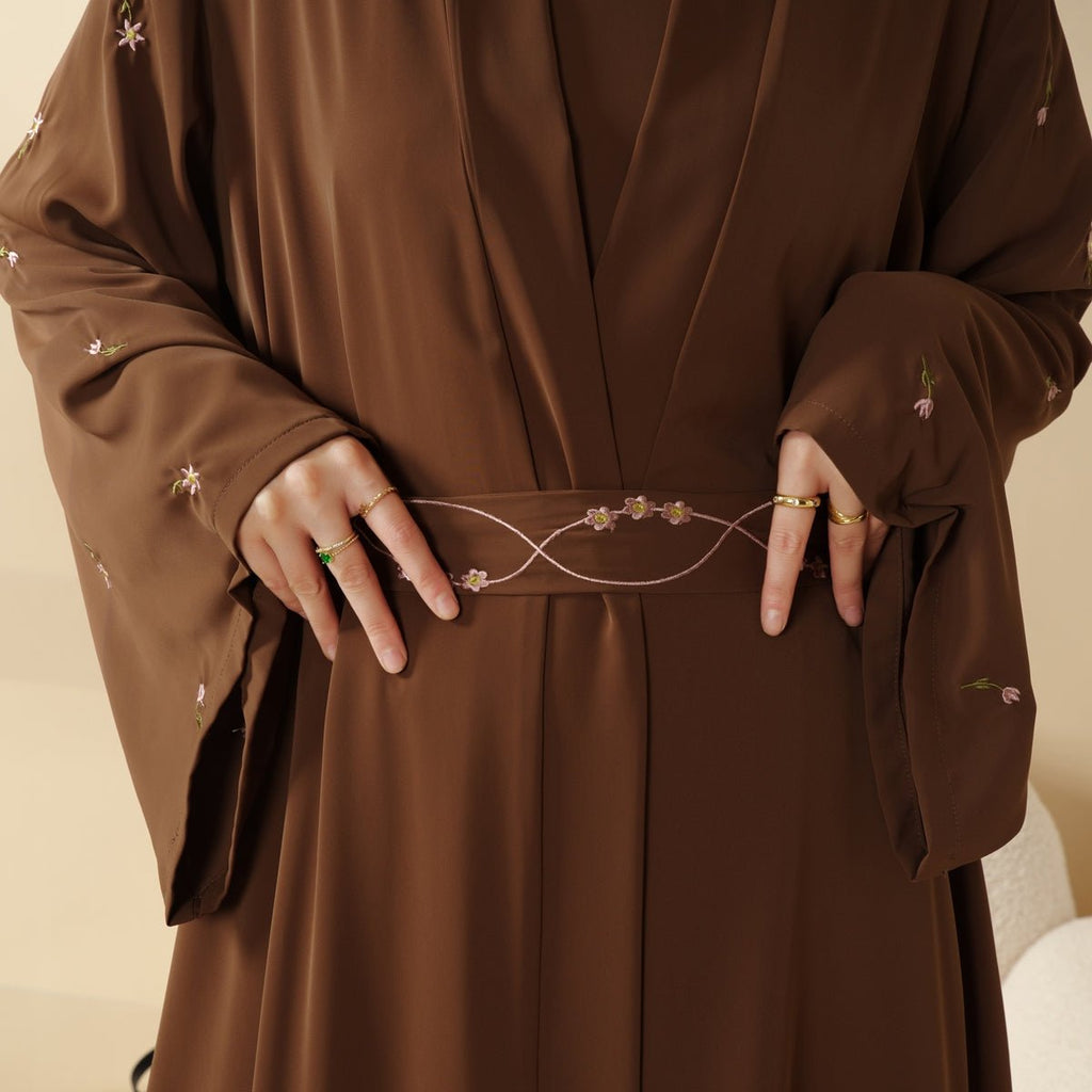 Mariam's Collection Tulip Embroidery Open Abaya 4-Piece Set (MOA051) — flat-lay composition