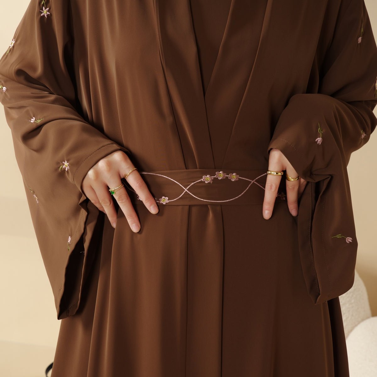 Mariam's Collection Tulip Embroidery Open Abaya 4-Piece Set (MOA051) — flat-lay composition