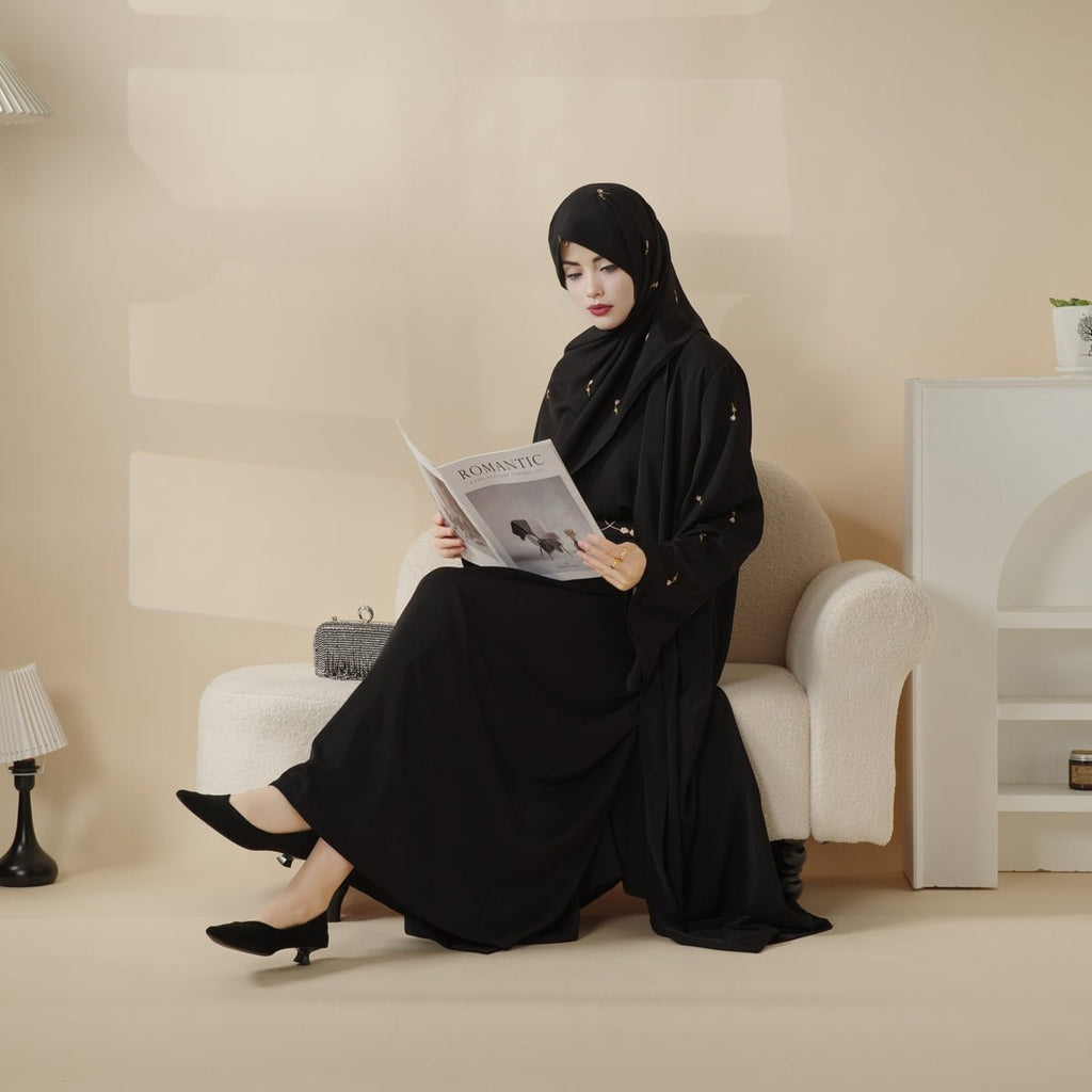 Mariam's Collection Tulip Embroidery Open Abaya 4-Piece Set (MOA051) — fabric or material detail