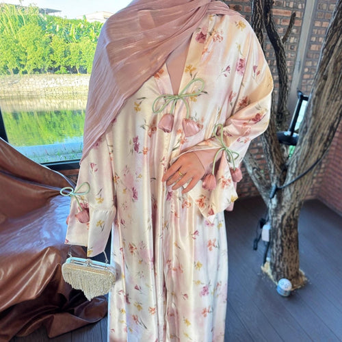 Tulip Print Satin Abaya Set with Jacket | Two-Piece Kimono Outfit (MOA270)