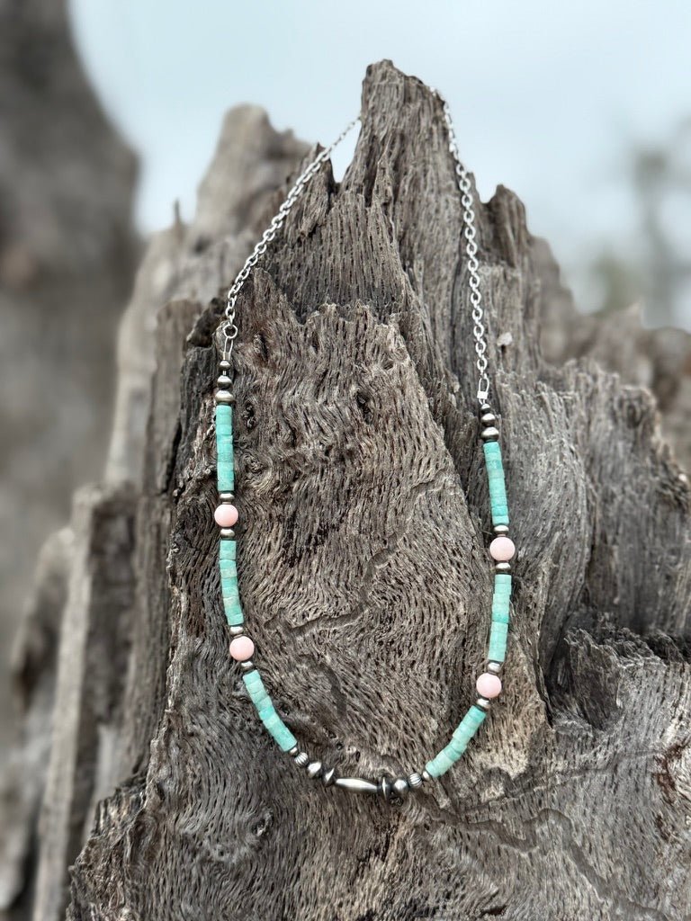 Wild Junkie Turquoise And Blush Beaded Necklace — Turquoise detail