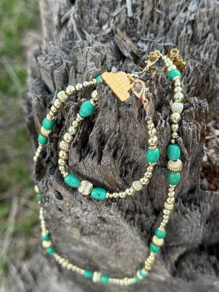Wild Junkie Turquoise And Gold Beaded Bracelet — side view