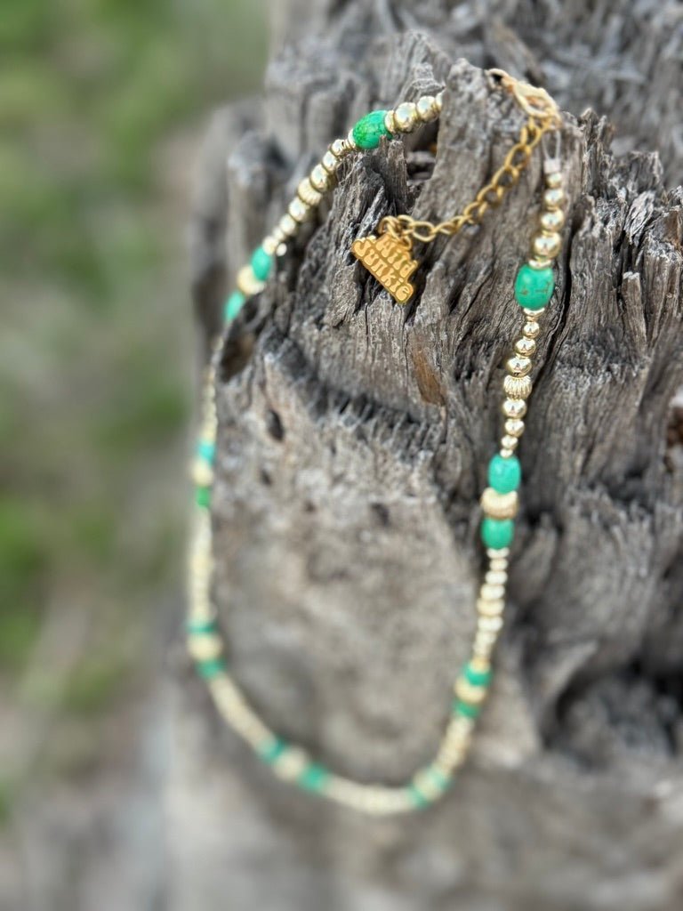 Wild Junkie Turquoise And Gold Beaded Necklace — detail close-up