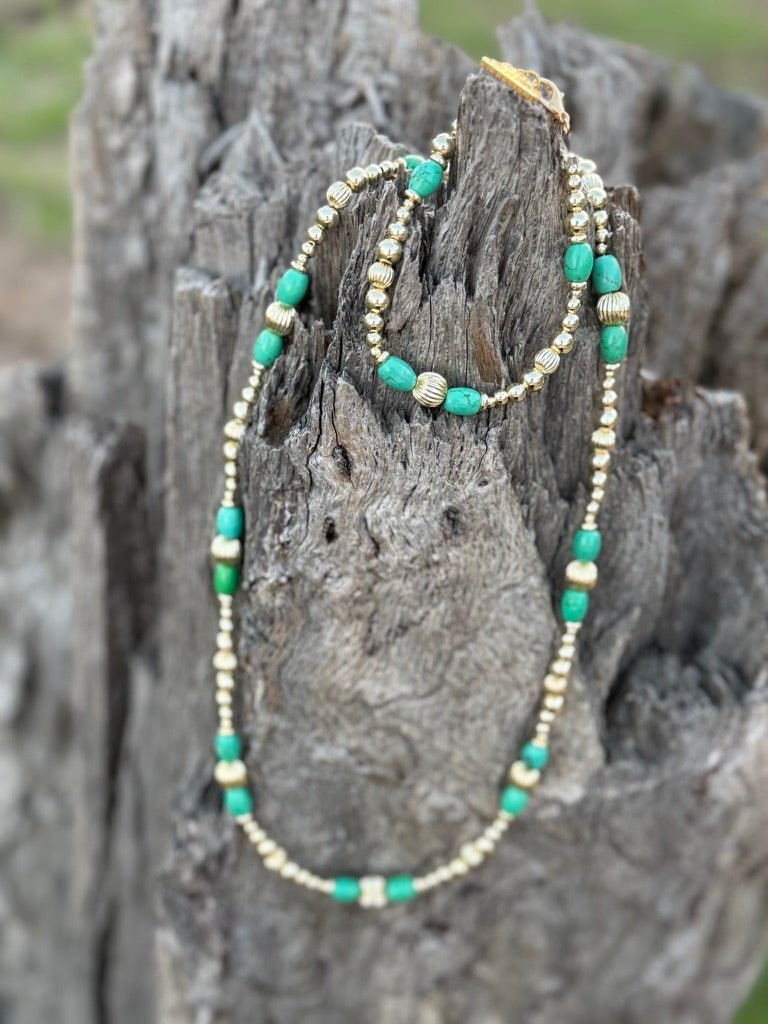 Wild Junkie Turquoise And Gold Beaded Necklace — side view