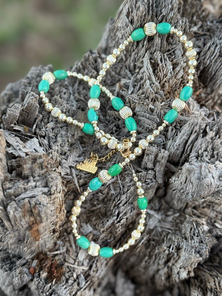 Wild Junkie Turquoise And Gold Beaded Necklace — back view