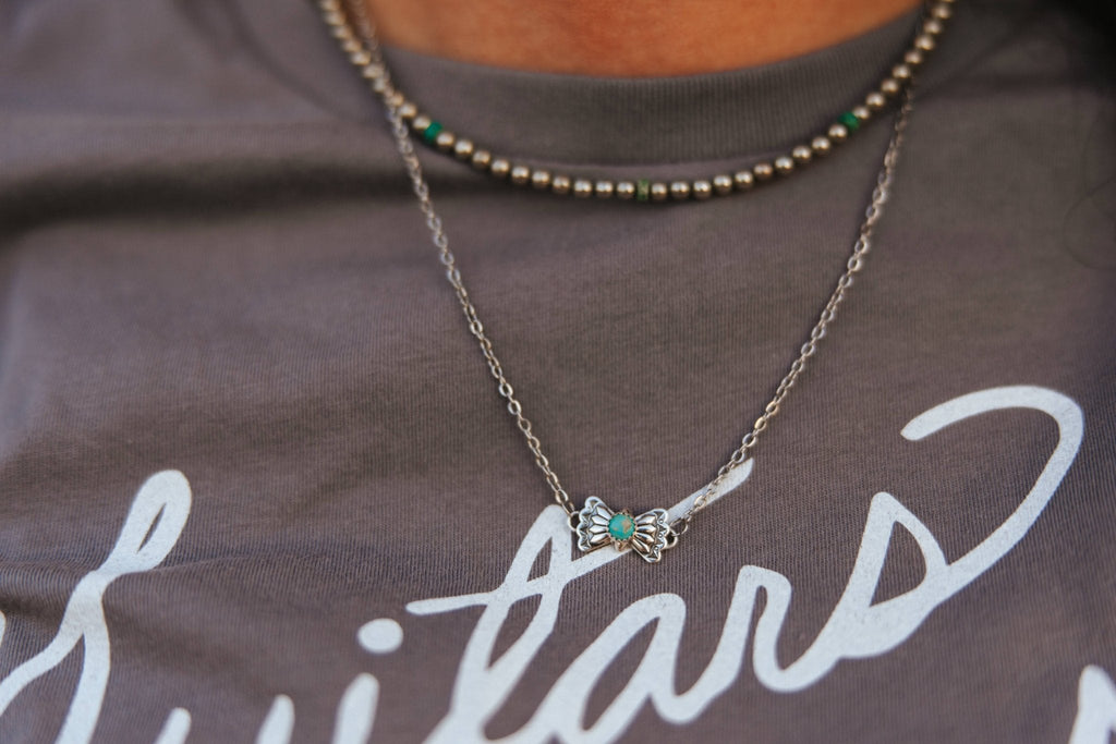 Wild Junkie Turquoise Butterfly Concho Chain Necklace — lifestyle context