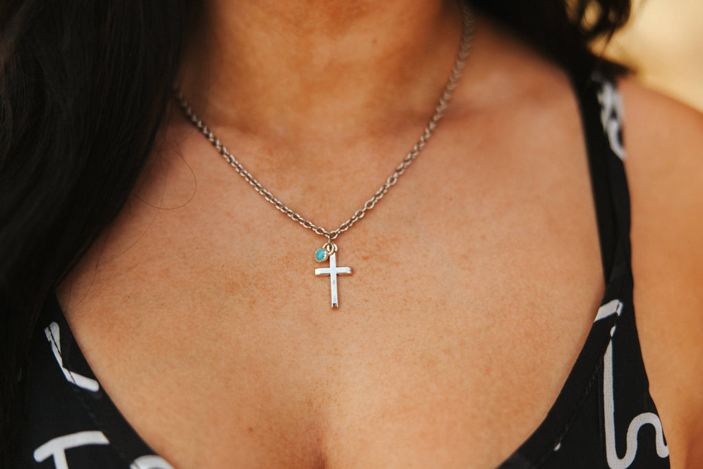 Wild Junkie Turquoise Cross Pendant Chain Necklace — detail close-up