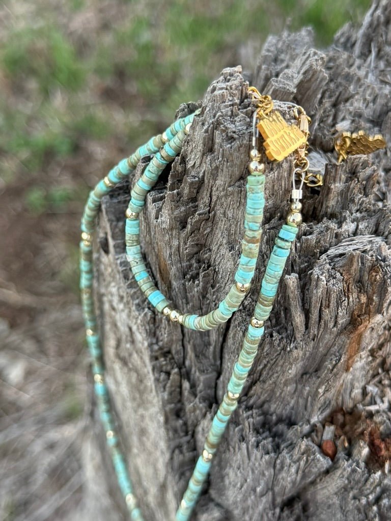 Wild Junkie Golden Turquoise Trail Heishi Beaded Bracelet — detail close-up
