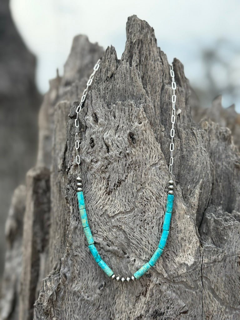 Wild Junkie Turquoise Tube Paperclip Chain Necklace — detail close-up