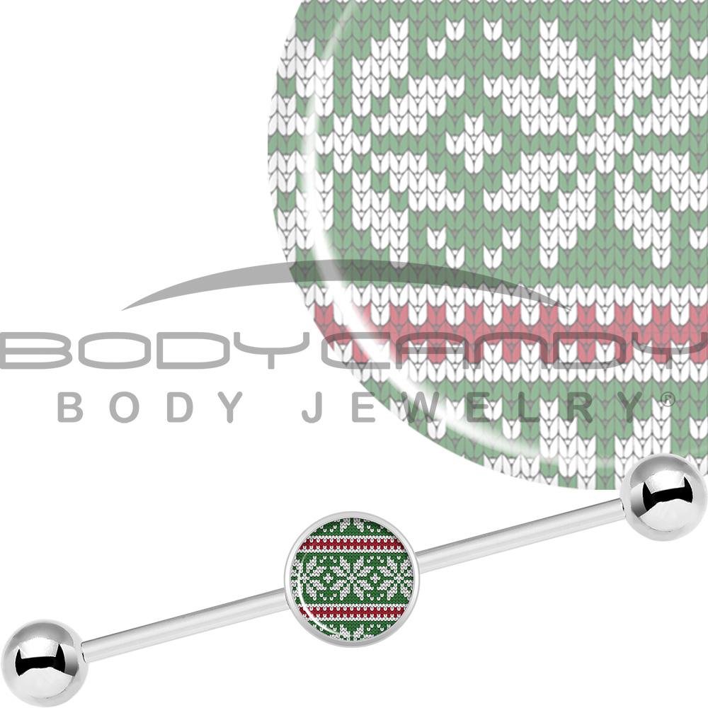BodyCandy 14G Green Red Christmas Sweater Industrial Barbell 37mm — main product shot