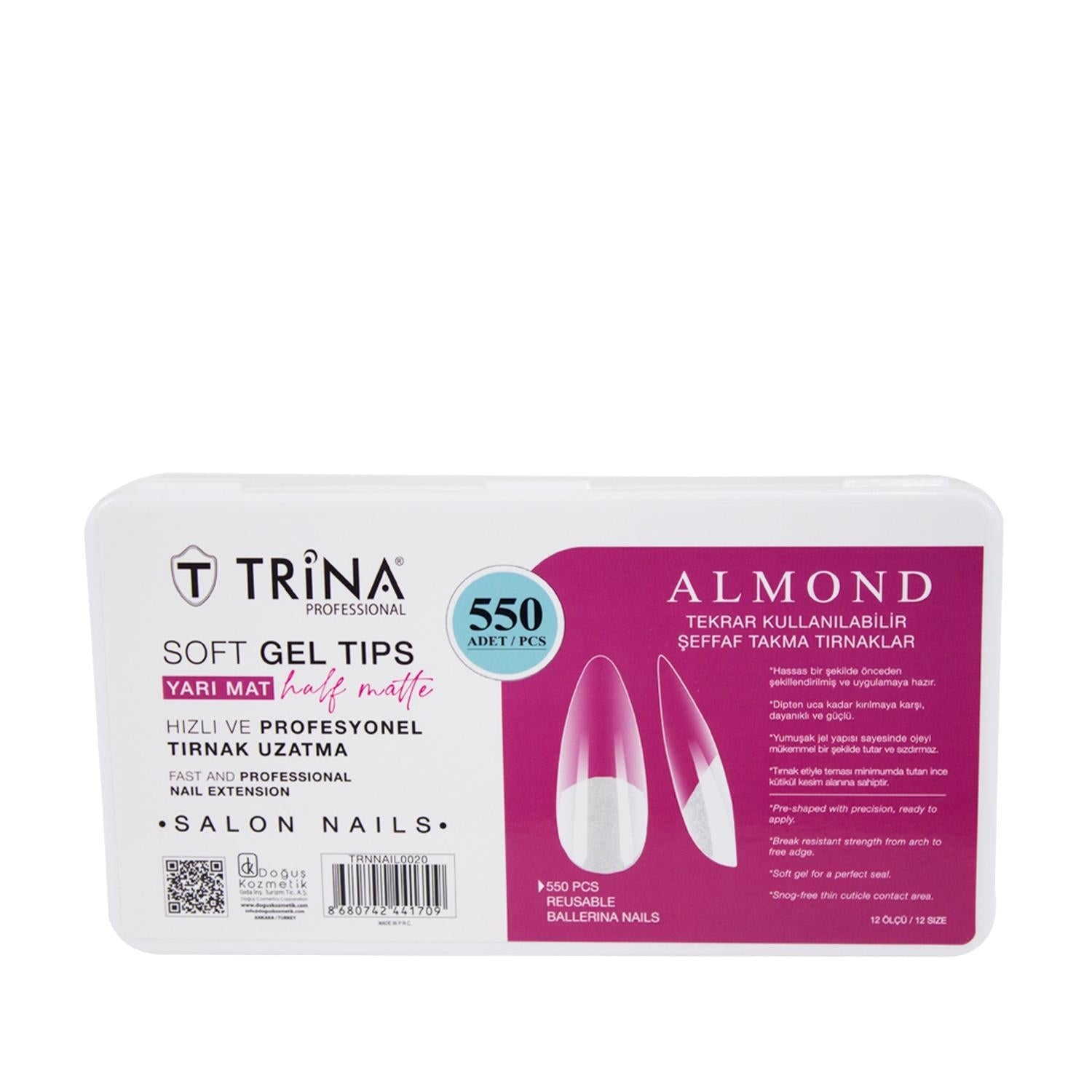 Trina Artificial Nails - 550 Piece Soft Gel Almond Shape Semi-Matte Reusable Nail Tips for Nail Art & Beauty Enhancements