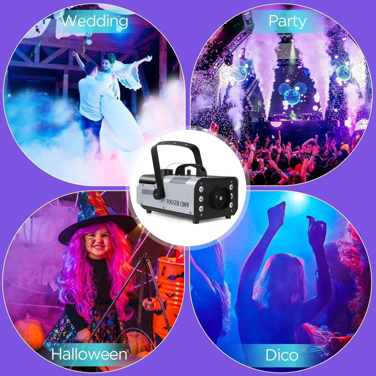 U'King 1200W Fog Machine 6LEDs Remote Fogger Ejector Disco Colorful Smoke Machine DJ Christmas Party Effects Stage Light
