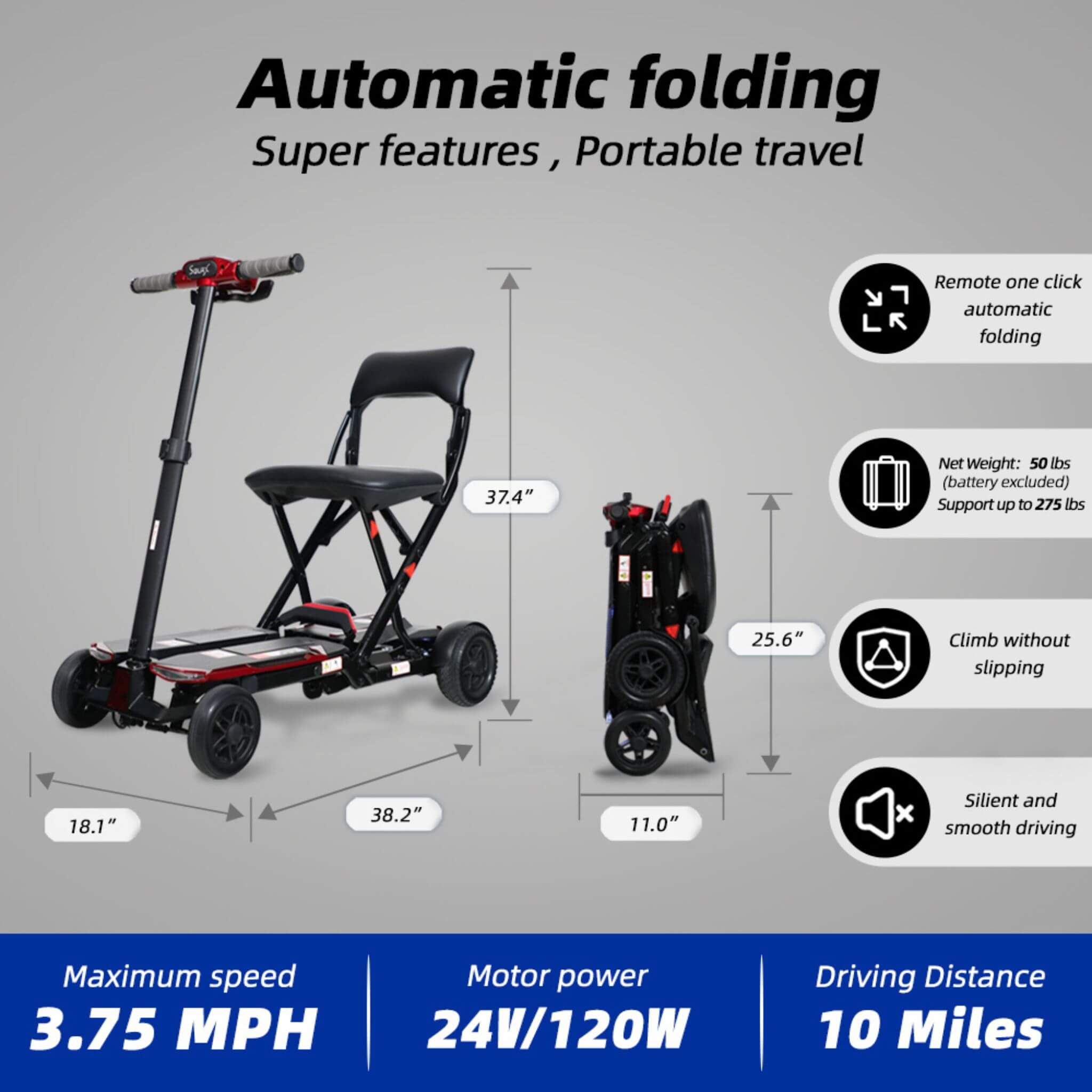 Ultra Lightweight 4-Wheel Folding Mobility Scooter With Remote For Adults And Elderly (SAK58976) – SAKSBY WHOLESALE, view 3