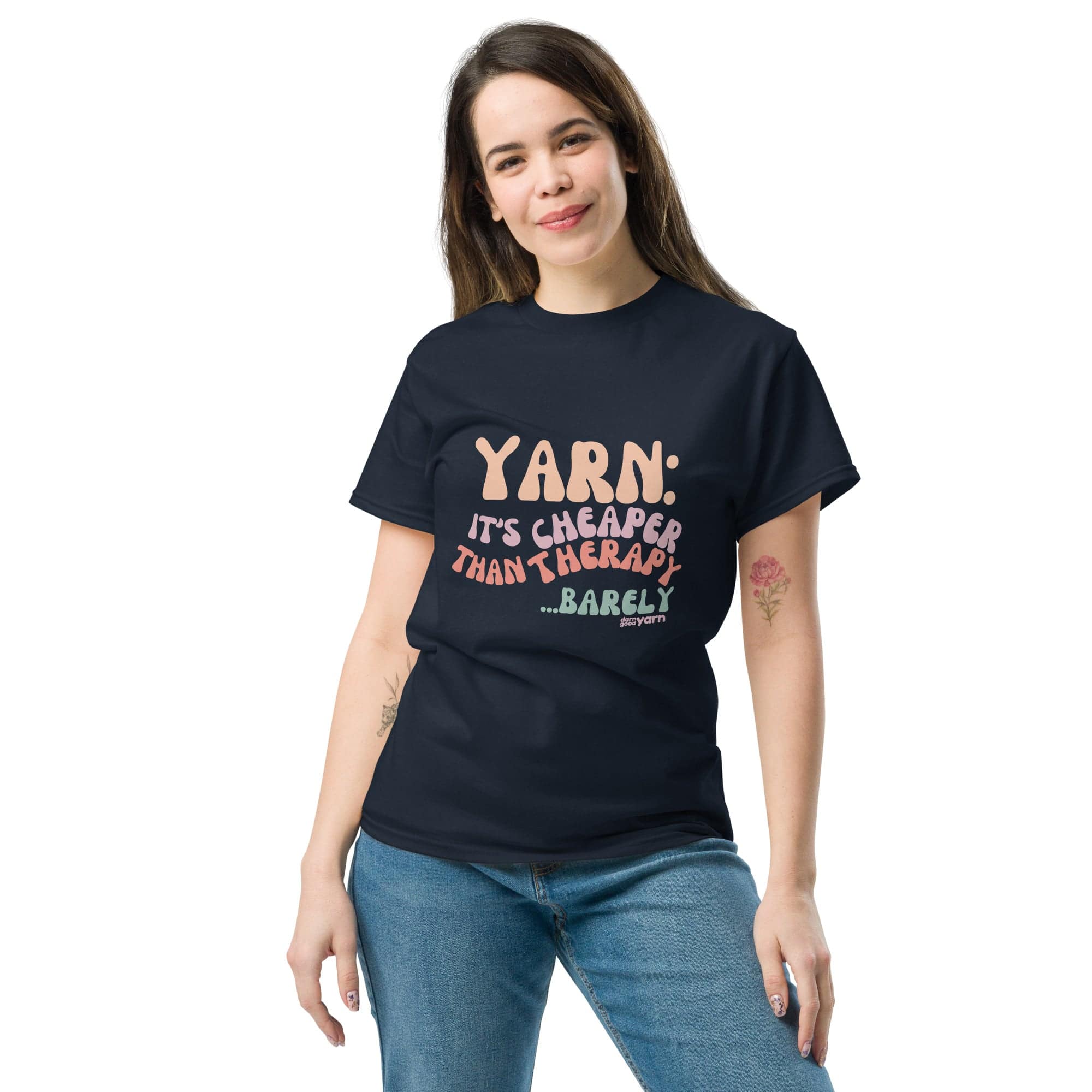 Darn Good Yarn Yarn: It’s Cheaper Than Therapy… Barely T-Shirt — construction detail