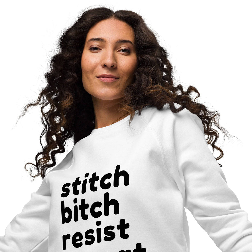Darn Good Yarn Stitch Bitch Resist Repeat Unisex organic raglan sweatshirt — lifestyle worn / used context