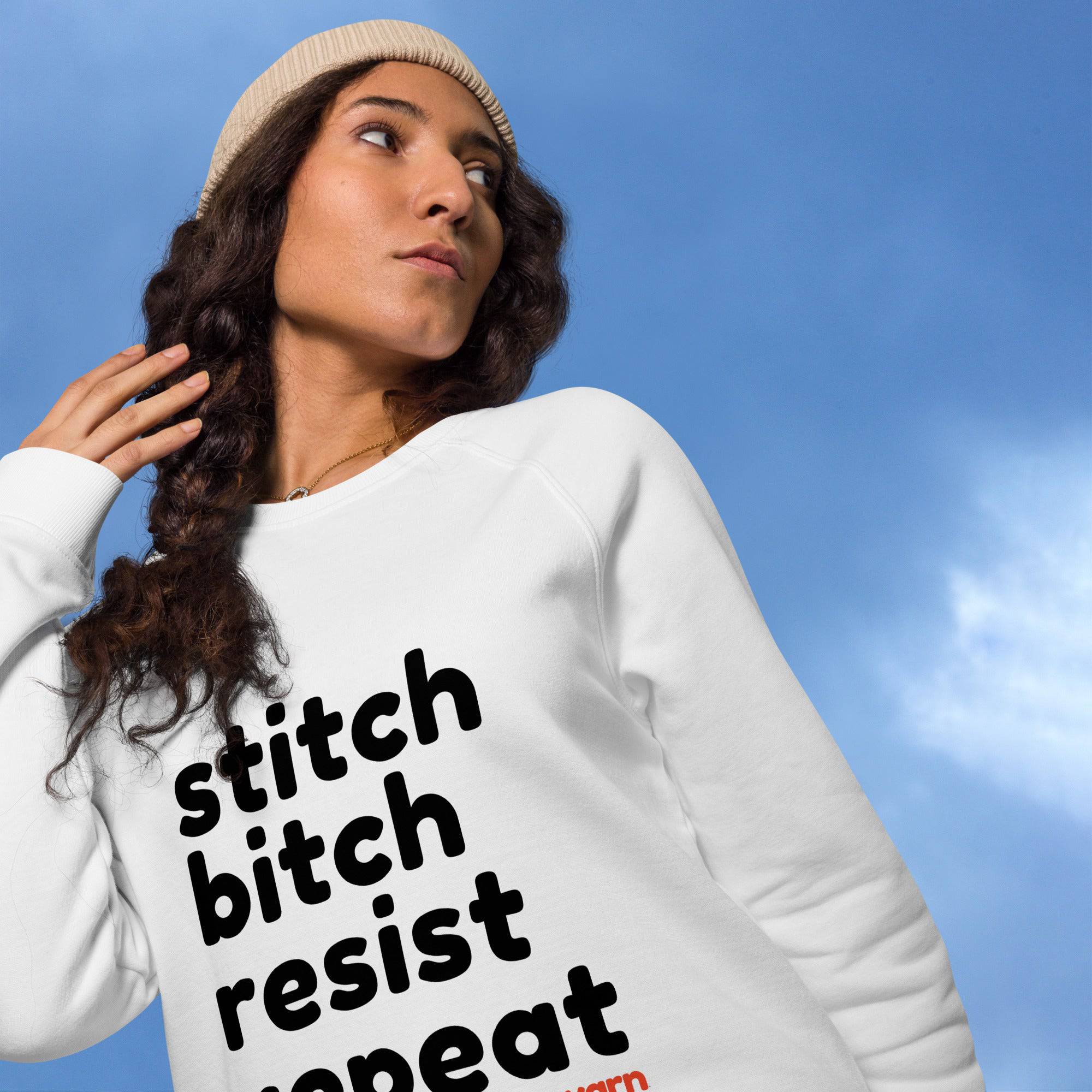 Darn Good Yarn Stitch Bitch Resist Repeat Unisex organic raglan sweatshirt — construction detail