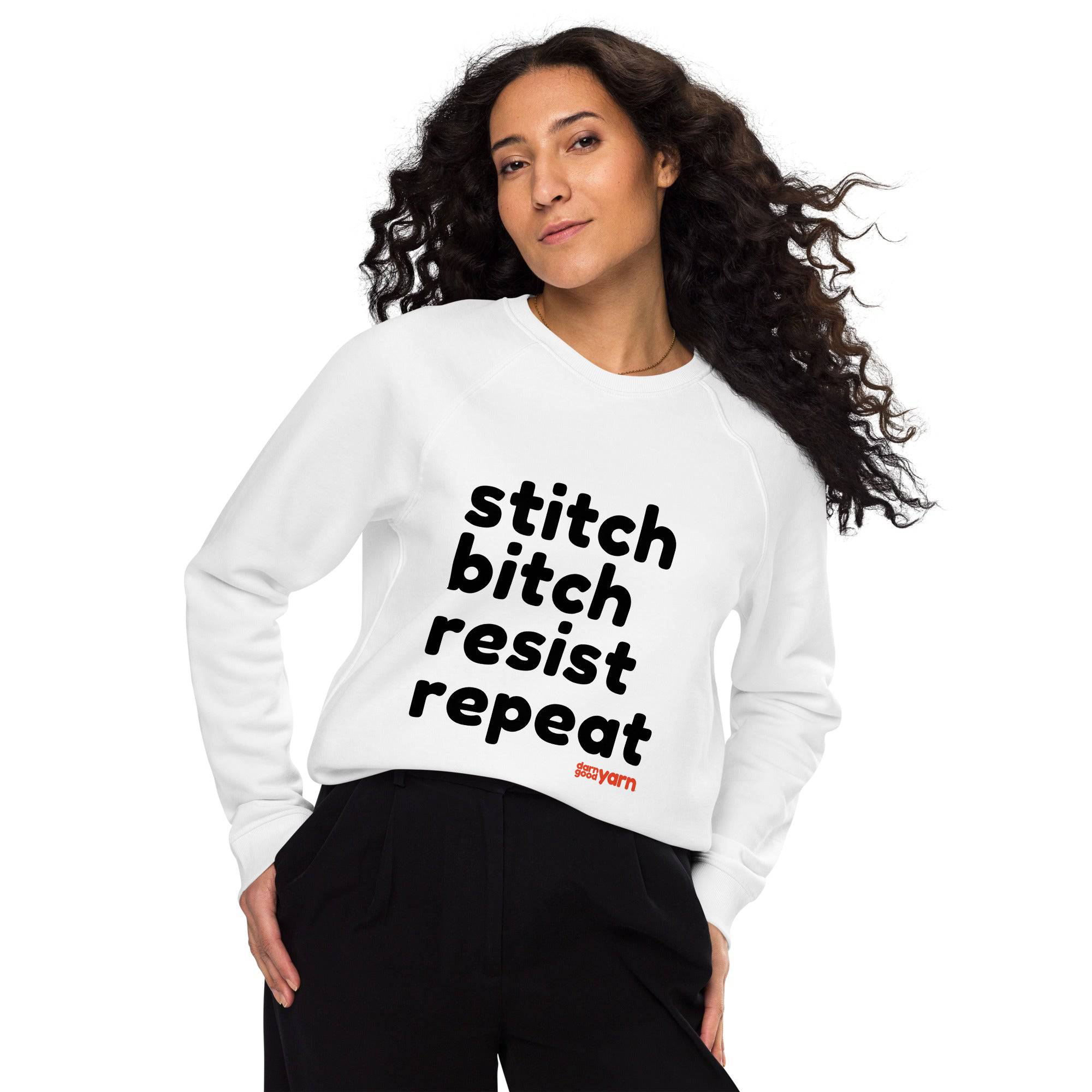 Darn Good Yarn Stitch Bitch Resist Repeat Unisex organic raglan sweatshirt — detail shot 6