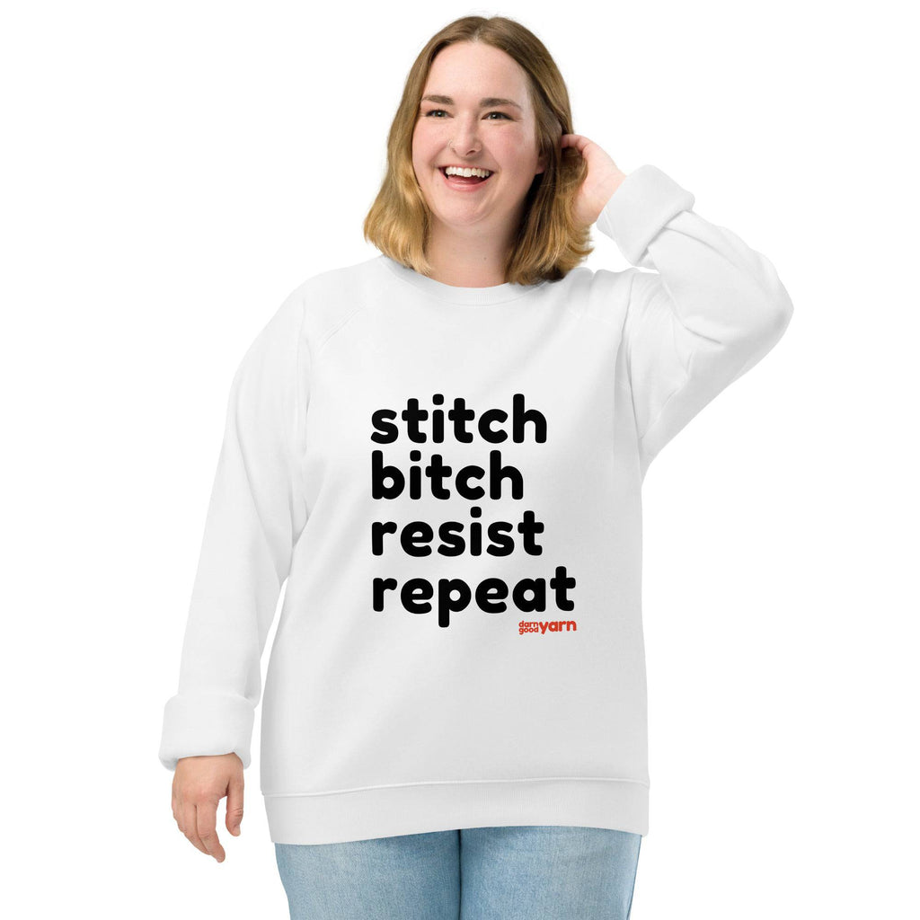 Darn Good Yarn Stitch Bitch Resist Repeat Unisex organic raglan sweatshirt — main product shot