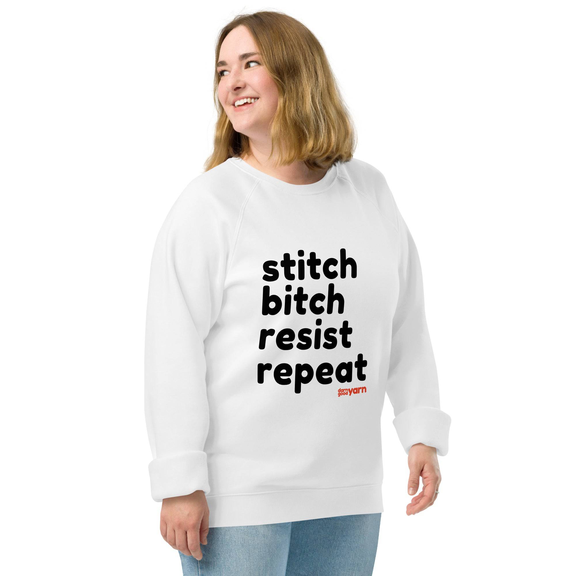 Darn Good Yarn Stitch Bitch Resist Repeat Unisex organic raglan sweatshirt — product category context