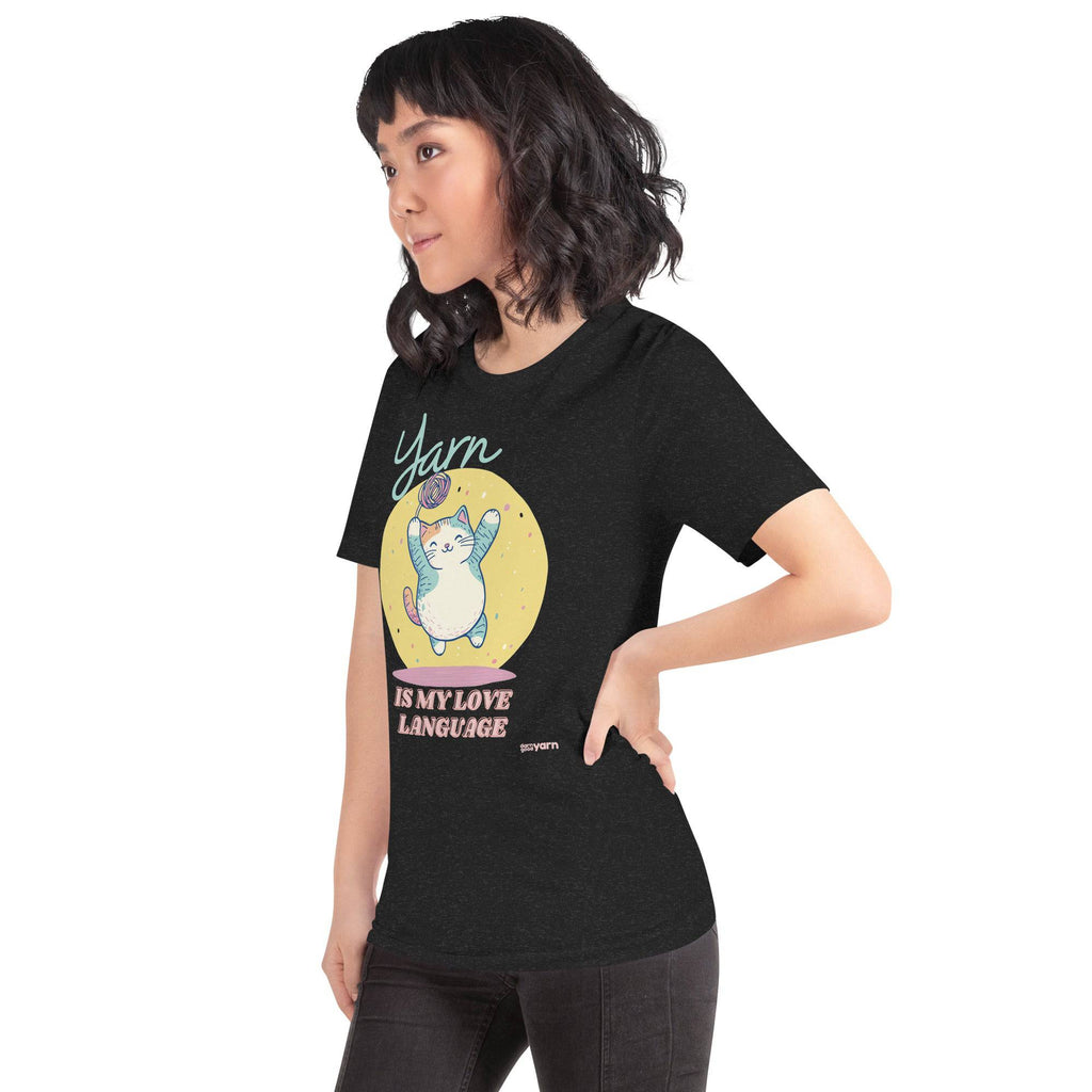 Darn Good Yarn “Yarn is My Love Language” T-Shirt — Darn Good Yarn branding close-up