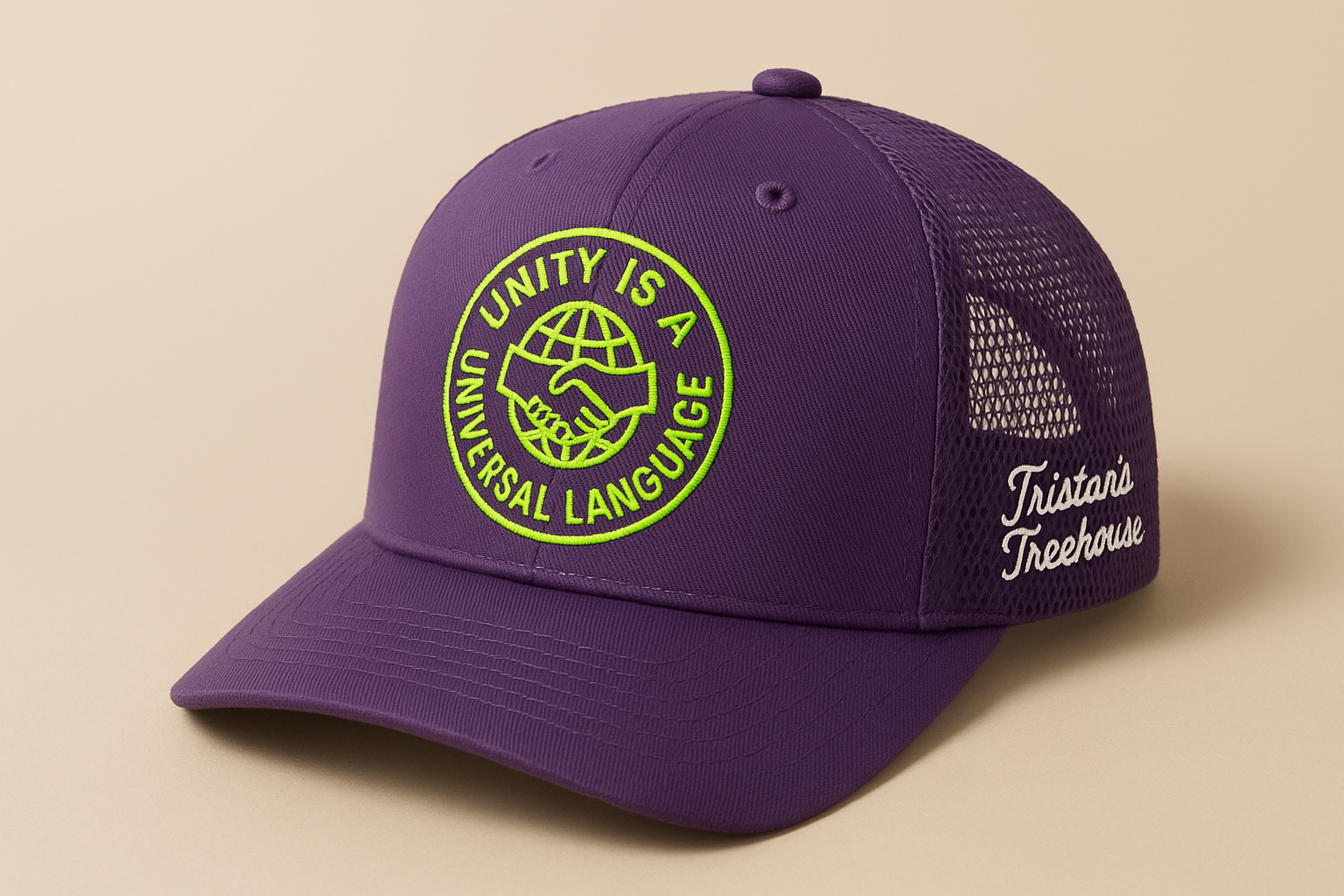 Tristan’s Treehouse Unity is a Universal Language – Trucker Hat — fabric or material detail