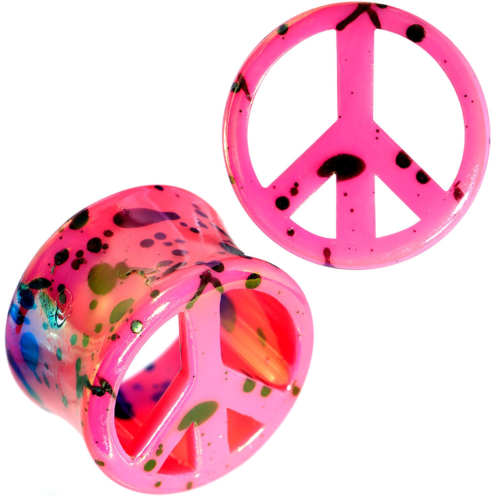 BodyCandy Black Speckled Pink Acrylic Peace Sign Saddle Plug Set 10mm to 20mm — in-use photo