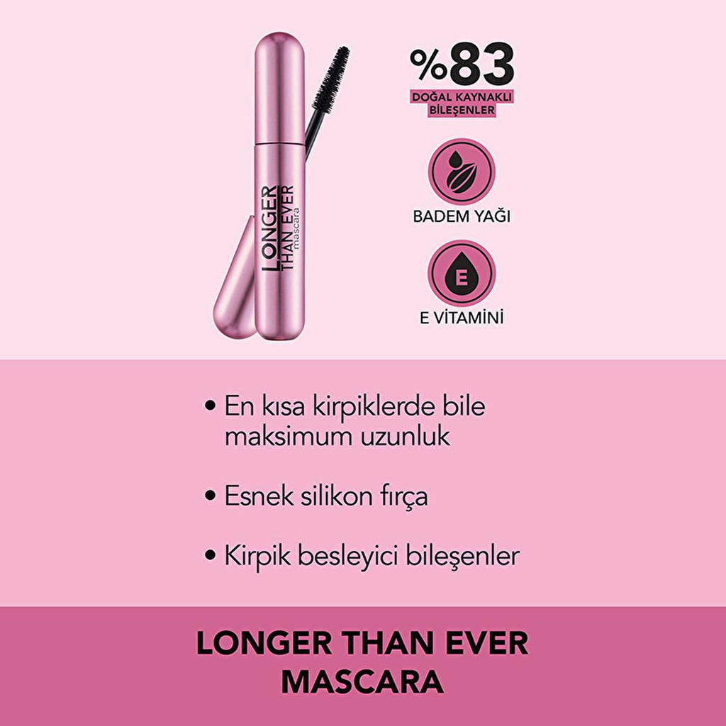 Flormar Longer Than Ever Black Lengthening Mascara: Nourishing Almond Oil & Vitamin E for Long-Lasting, Dramatic Lashes
