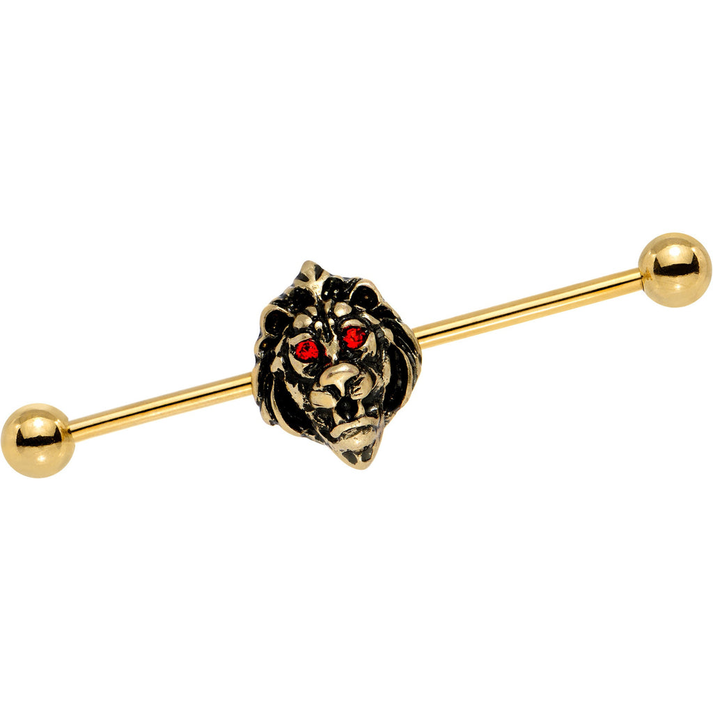 BodyCandy 14G Red Gem Gold PVD Ferocious Lion Industrial Barbell 38mm — main product shot