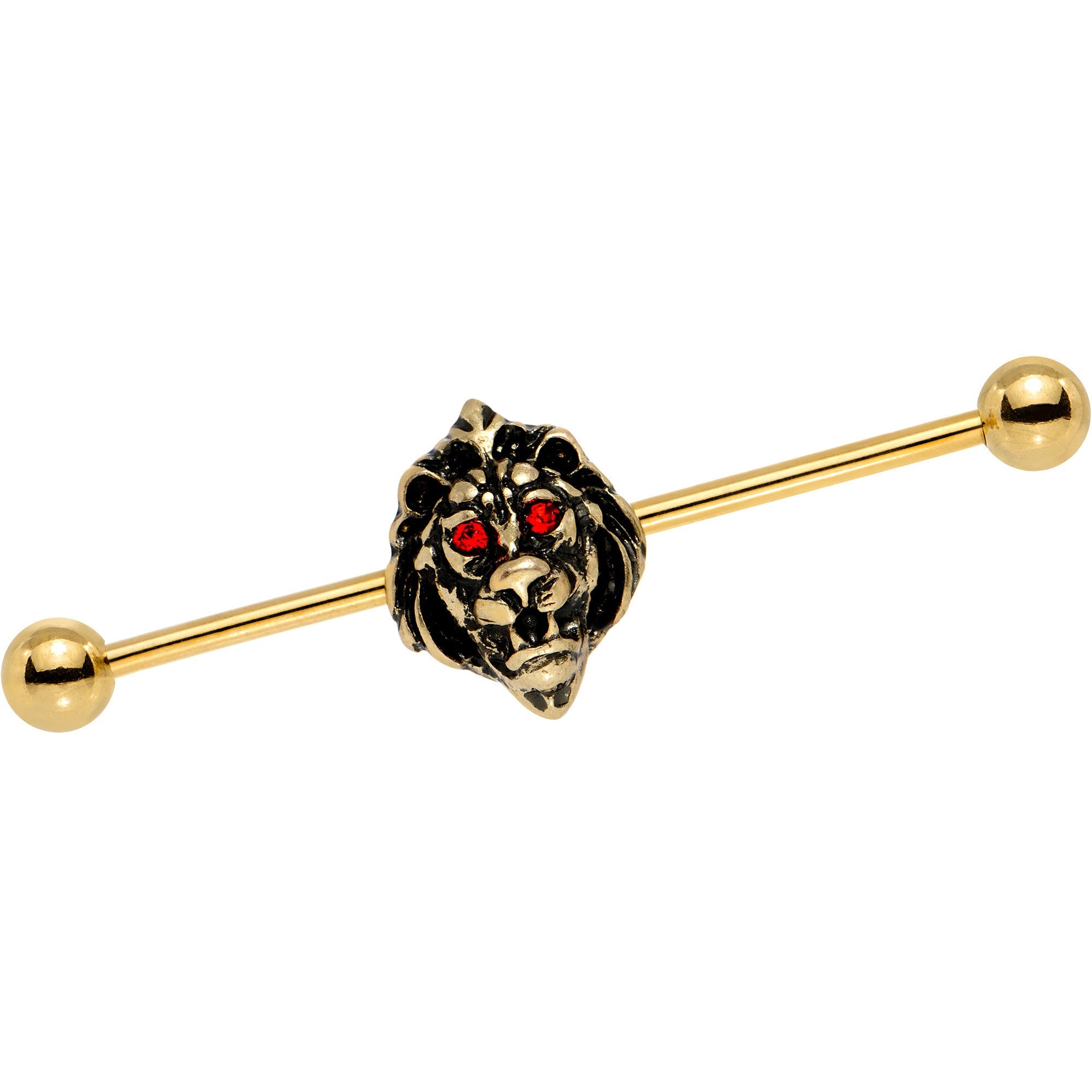 BodyCandy 14G Red Gem Gold PVD Ferocious Lion Industrial Barbell 38mm — main product shot