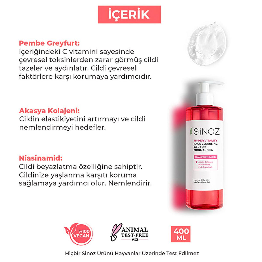 Sinoz Hydrating Facial Cleanser for Normal Skin: Gentle Daily Face Wash with Hyaluronic Acid, Pink Grapefruit & Acacia Collagen - Brightens & Moisturizes (400ml)