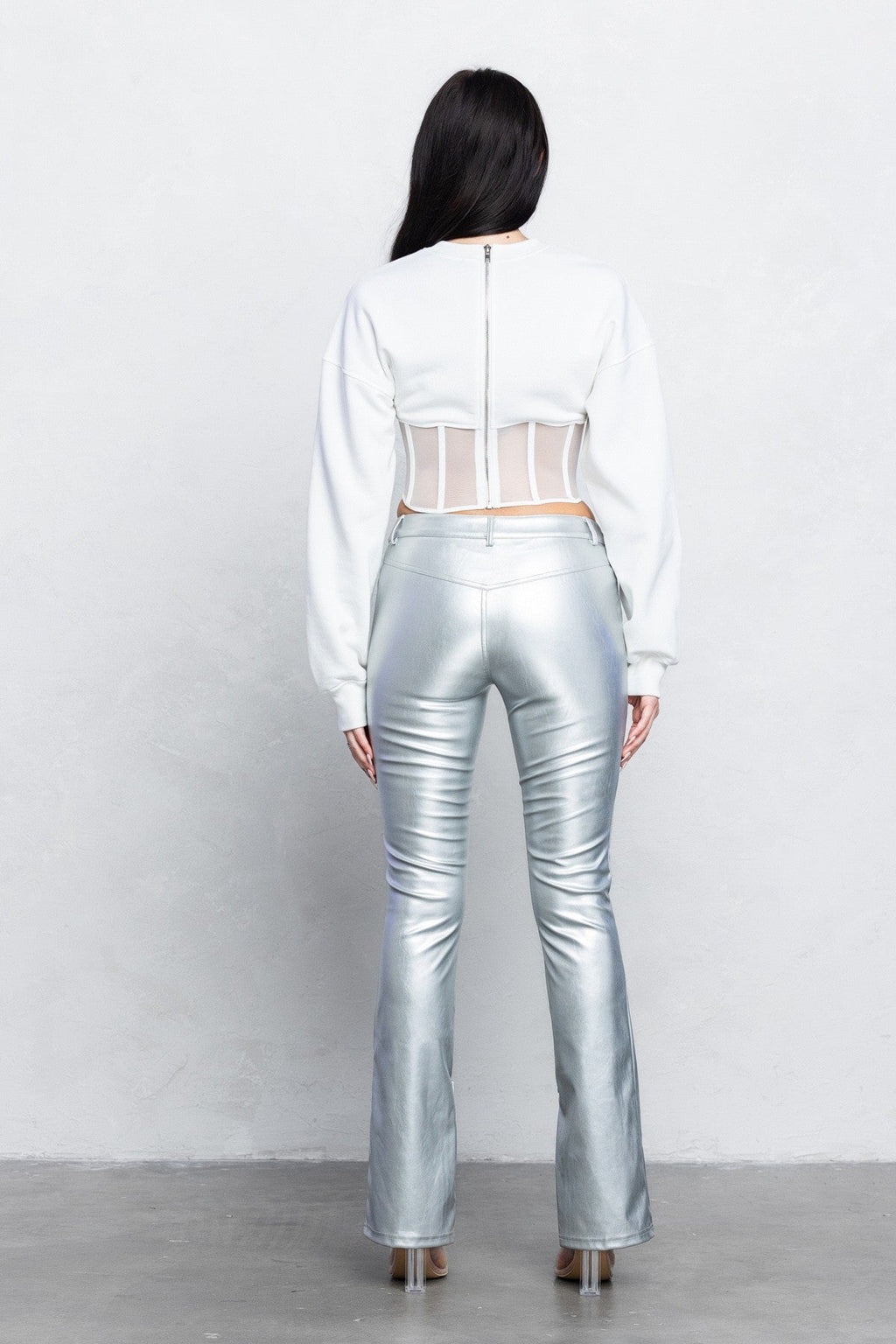 V-Cut vegan Leather Boot-Cut Pants | Low Rise Trendy Zipper Detail Pants