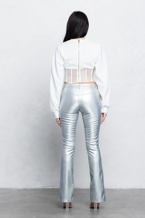 V-Cut vegan Leather Boot-Cut Pants | Low Rise Trendy Zipper Detail Pants