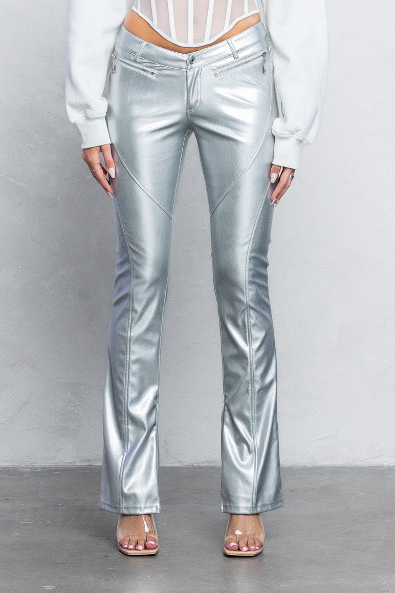 V-Cut vegan Leather Boot-Cut Pants | Low Rise Trendy Zipper Detail Pants