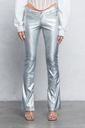 V-Cut vegan Leather Boot-Cut Pants | Low Rise Trendy Zipper Detail Pants