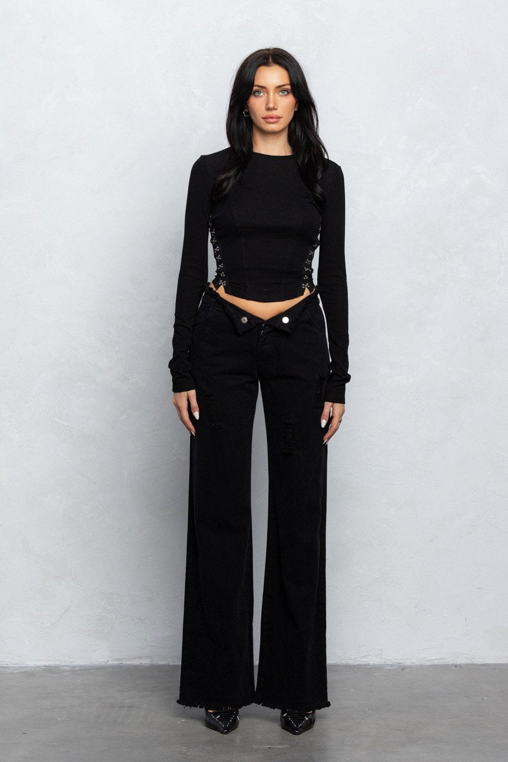 V-Line Folded Detail Destroyed Twill Pants | Raw Hem Street Style