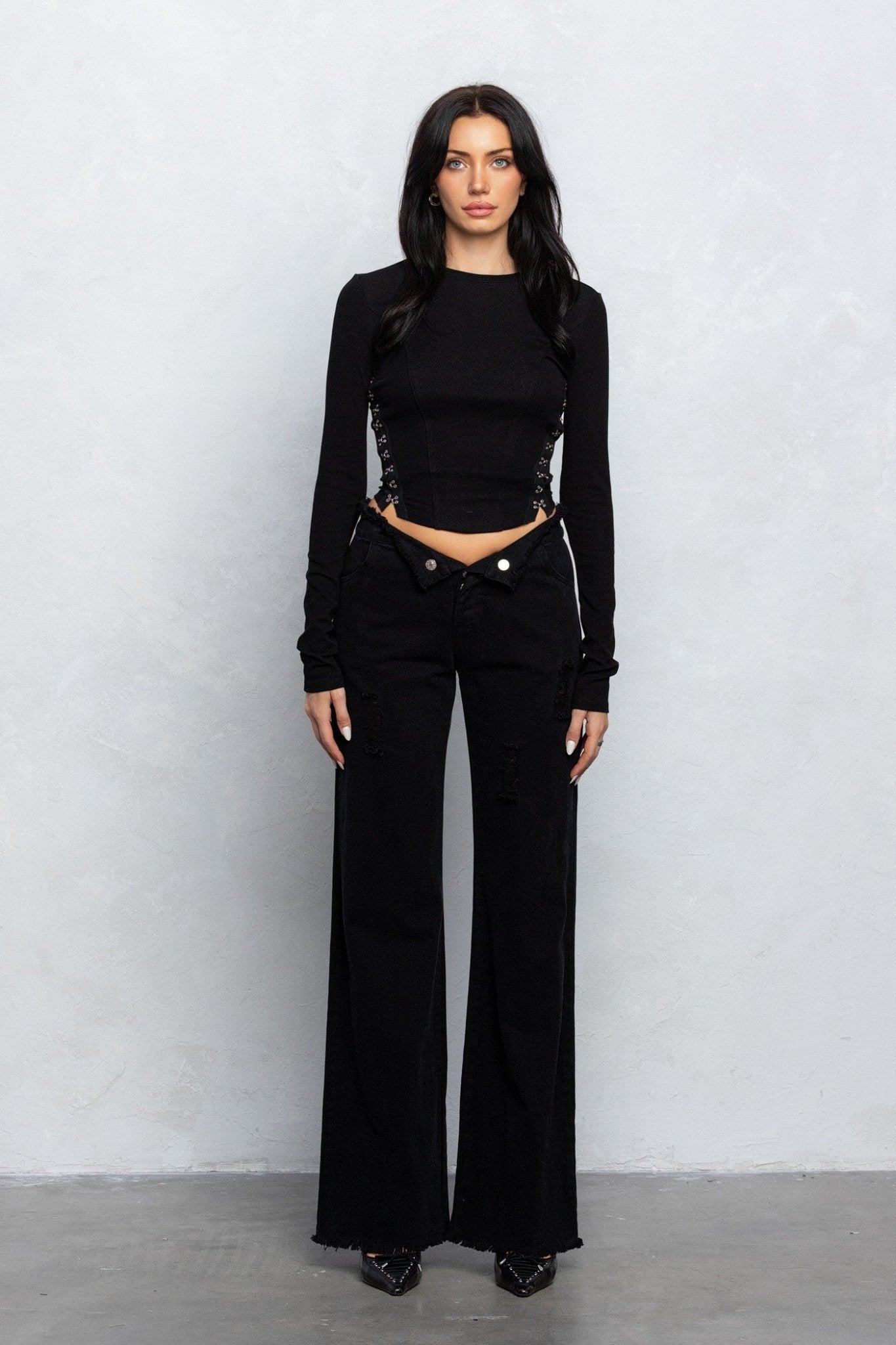 V-Line Folded Detail Destroyed Twill Pants | Raw Hem Street Style